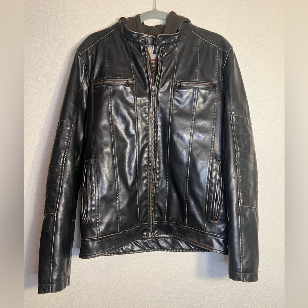 Levis Faux Leather Jacket Mens Small Brown Hooded Sherpa Lined Moto Biker Style